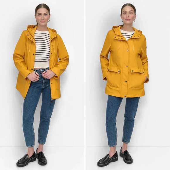 DKNY Yellow Nautical Waterproof Hooded Rain Jacket Coat - DL5MPW27 - Large - Picture 3 of 12